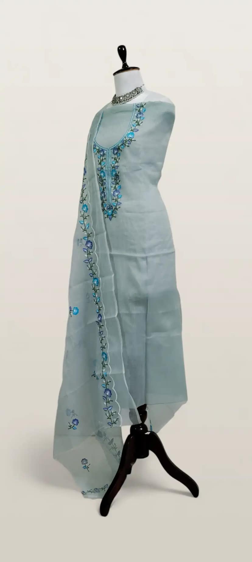 Kota Doria Dress Material Greyish Blue Floral Yoke view 2