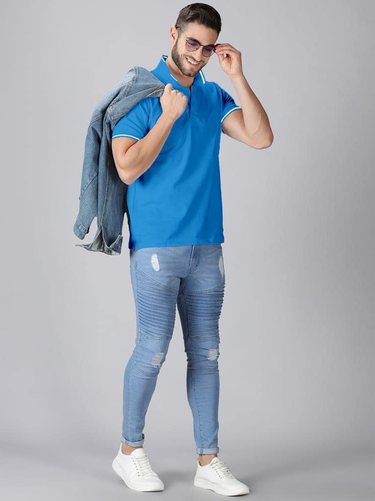 Pure Cotton Sky Blue Solid Polo view 4