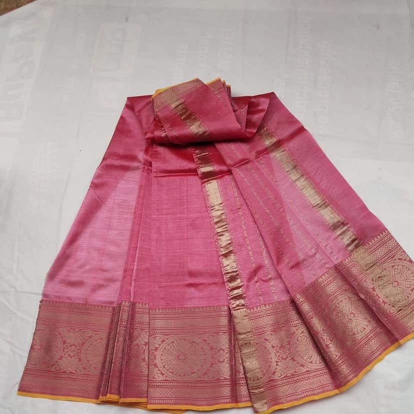 Pink Silk Saree With Golden Zari Border view 2