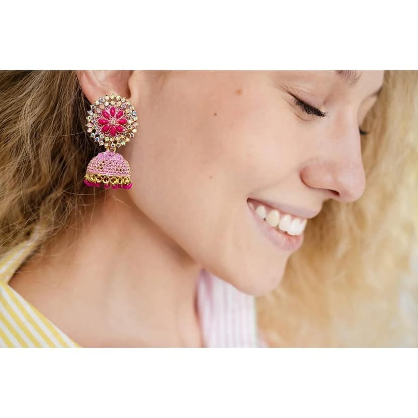 Jewelryklub Gold Plated Floral Zircon Stones Beads Traditional Jhumki Earrings For Girls And Women - Dark Pink view 4