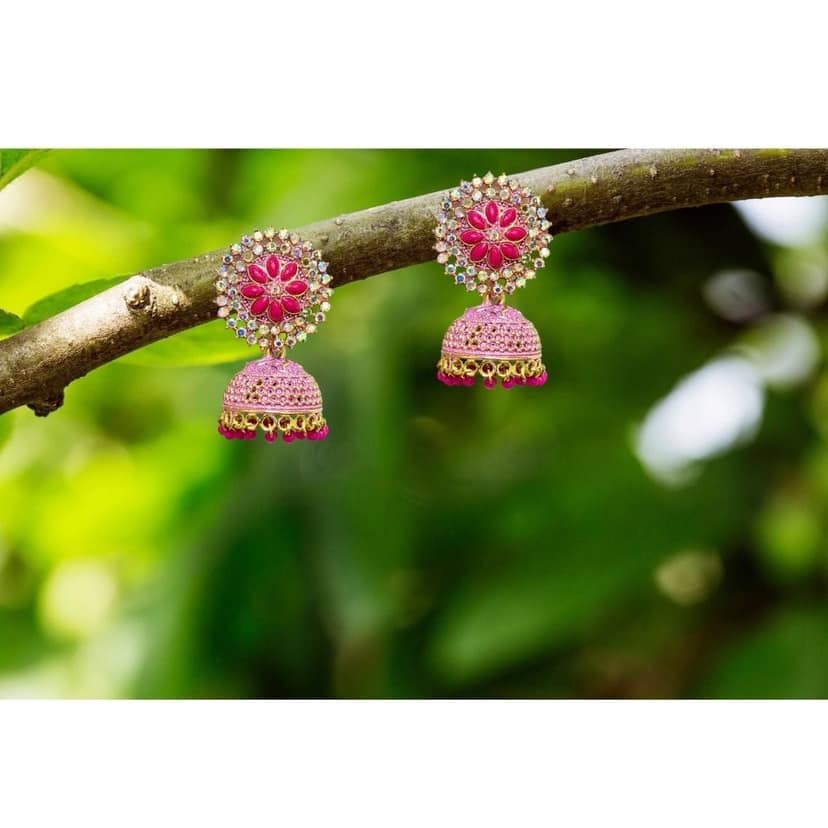 Jewelryklub Gold Plated Floral Zircon Stones Beads Traditional Jhumki Earrings For Girls And Women - Dark Pink view 5