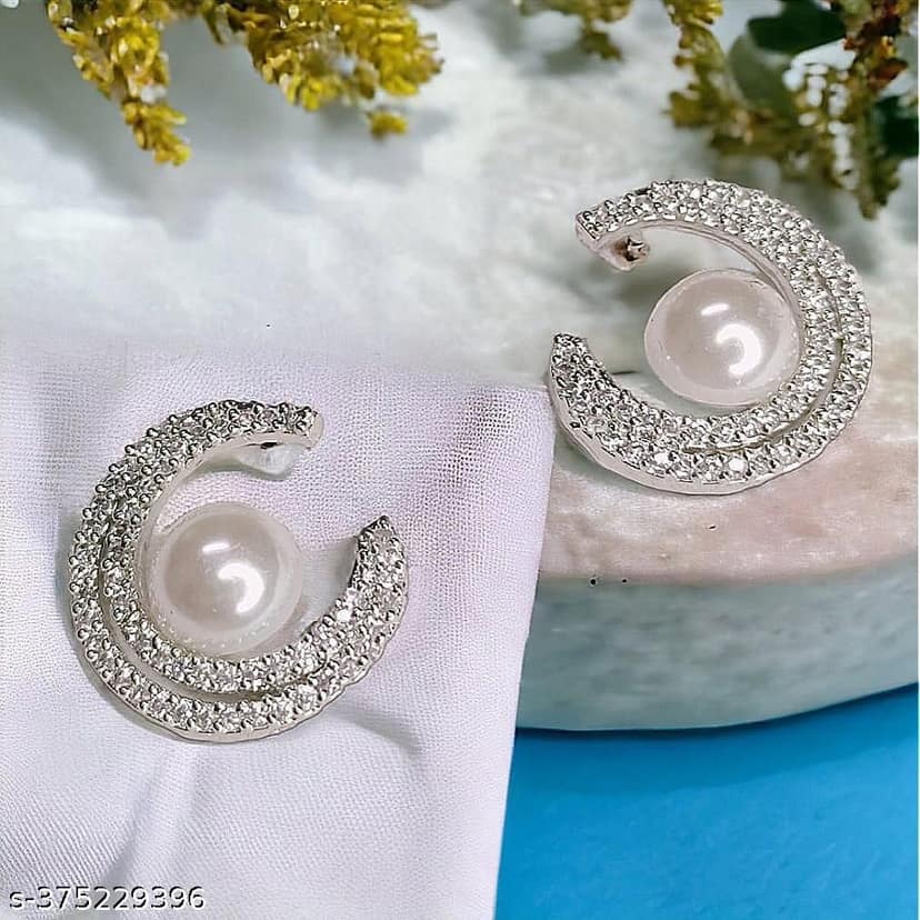 Rhodium-Plated Brass White American Diamond Studded Floral Shaped Studs Earrings For Girls And Women view 2