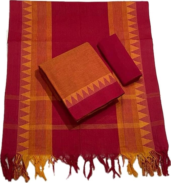 Pure Handloom Mangalagiri Cotton Red and Orange Kurta with Dupatta Set view 2