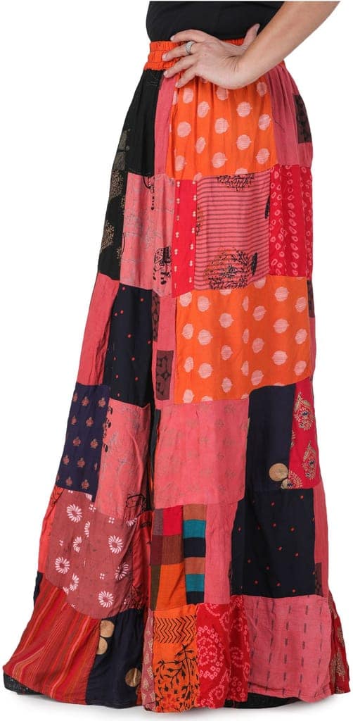 Coral Printed Long Boho Skirt from Gujarat with Patch Work view 3