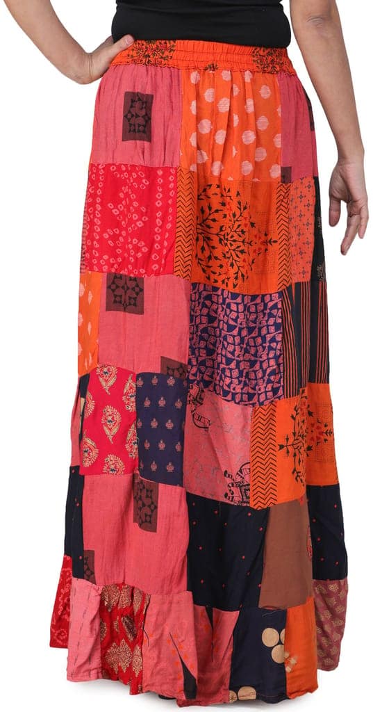 Coral Printed Long Boho Skirt from Gujarat with Patch Work view 5