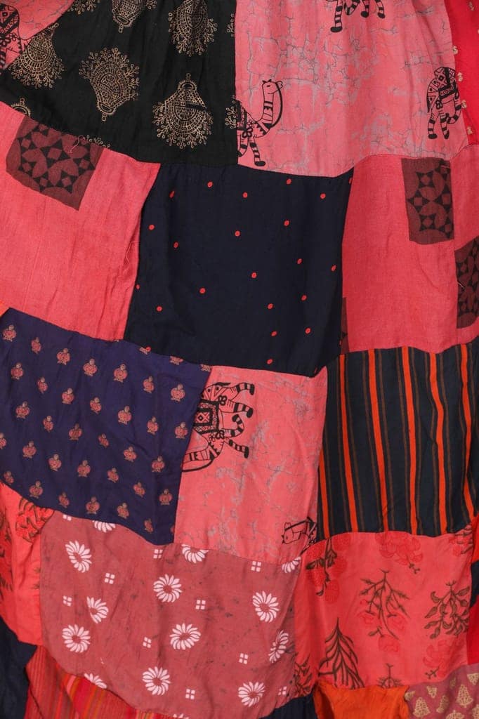 Coral Printed Long Boho Skirt from Gujarat with Patch Work view 6