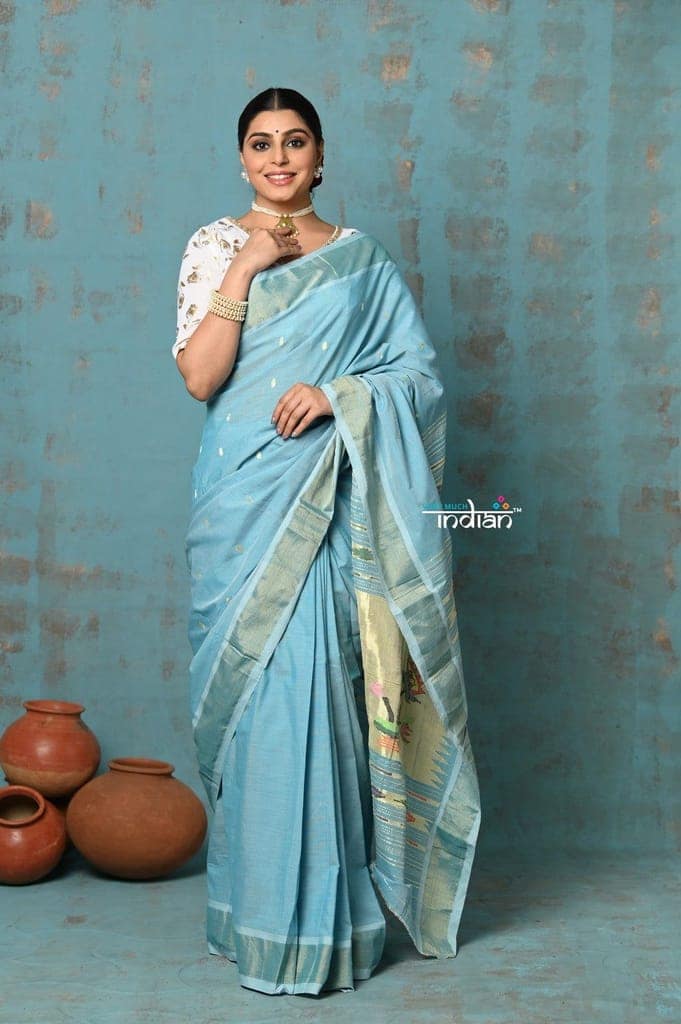Tyohaar ~ Handloom Pure Cotton Paithani With Lotus Pallu ~ Sky Blue view 2