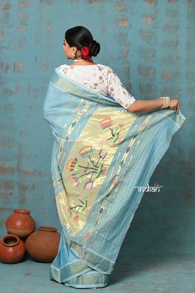 Tyohaar ~ Handloom Pure Cotton Paithani With Lotus Pallu ~ Sky Blue view 3