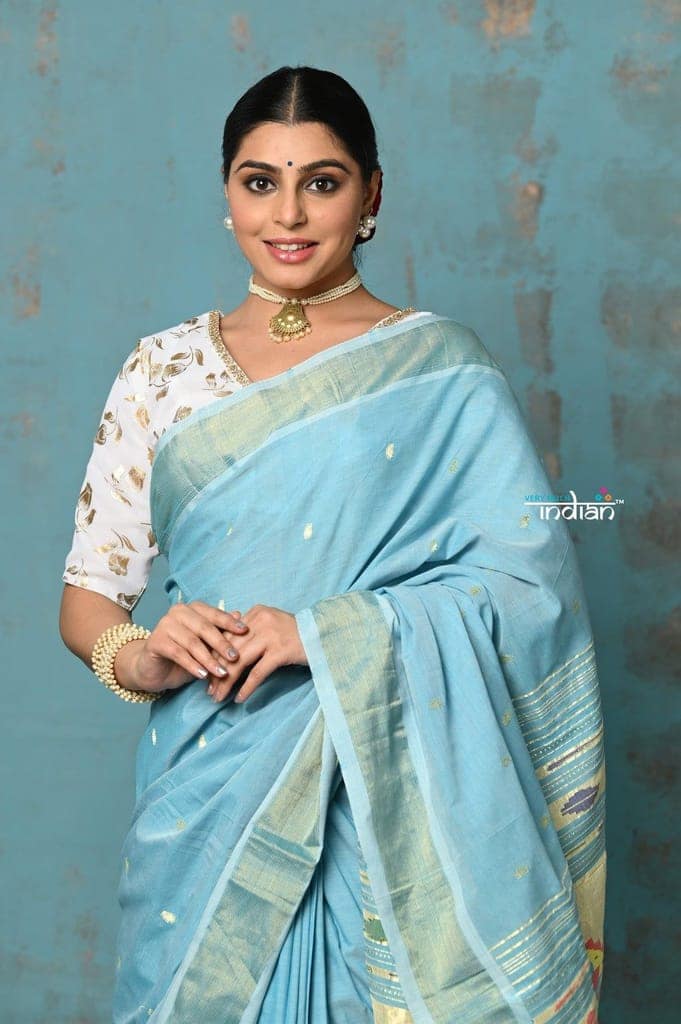 Tyohaar ~ Handloom Pure Cotton Paithani With Lotus Pallu ~ Sky Blue view 4