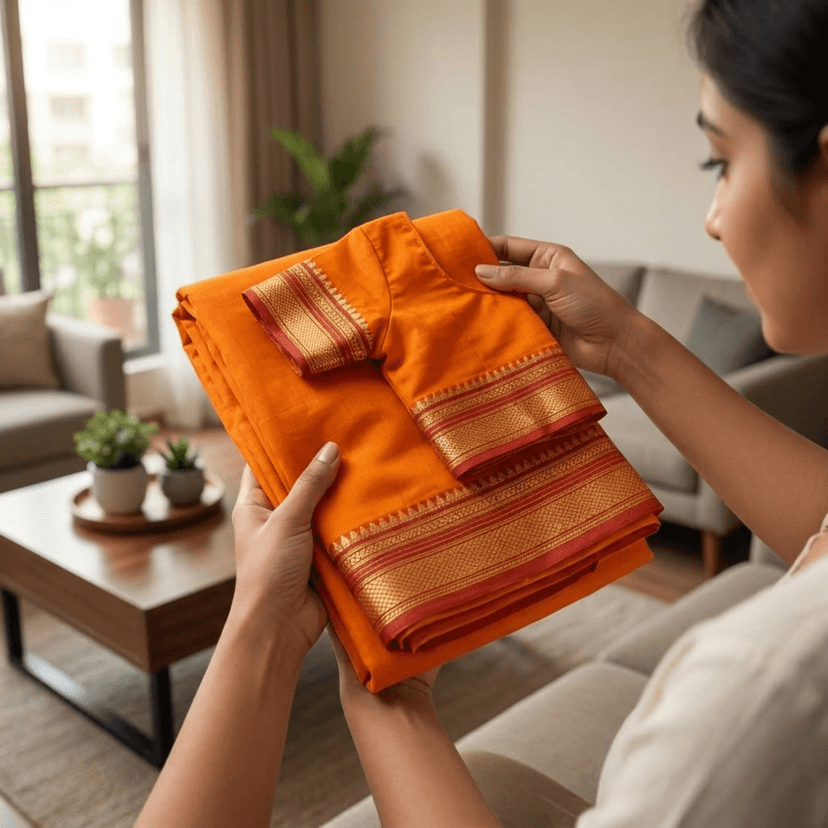 Mom and Me Girls' Ready-to-Wear Mastani Nauwari Saree with Stitched Blouse | Traditional Maharashtrian Ilkal Border | Soft Acrylic Cotton | Age 12 Months to 15 Years (Orange, 14-15 years) view 3