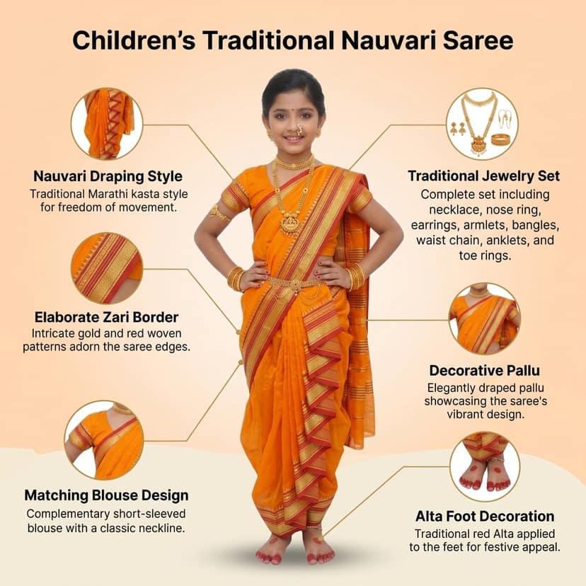 Mom and Me Girls' Ready-to-Wear Mastani Nauwari Saree with Stitched Blouse | Traditional Maharashtrian Ilkal Border | Soft Acrylic Cotton | Age 12 Months to 15 Years (Orange, 14-15 years) view 4