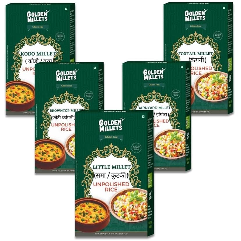 Golden Millets Siridhanya Millets 100% Gluten Free | No Preservative | Kodo Millet | Little Millet | Barnyard Millet | Foxtail Millet | Browntop Millet | Unpolished Millets Combo Pack of 5
