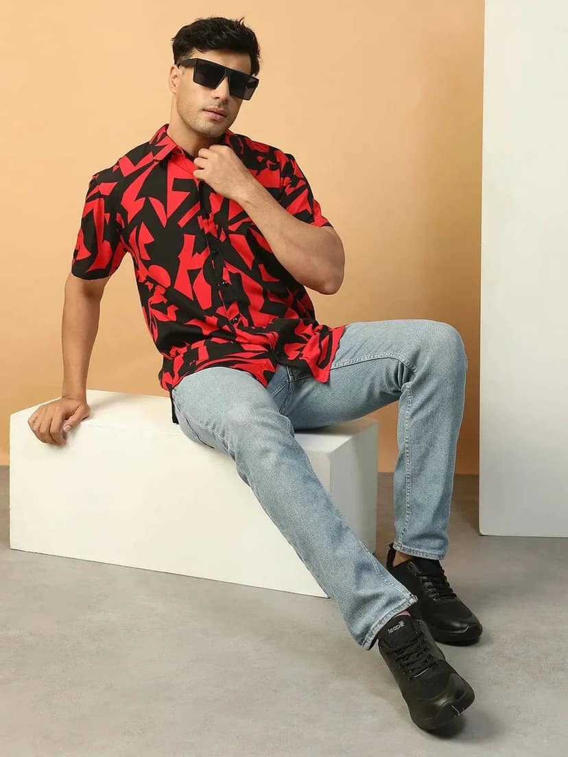 Strong Red Abstract Print Collared Short Sleeve Men Oversized Shirt