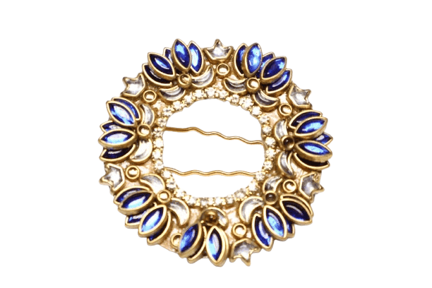 Blue & Gold Round Floral Hair Clip – Designer Stone Embellished