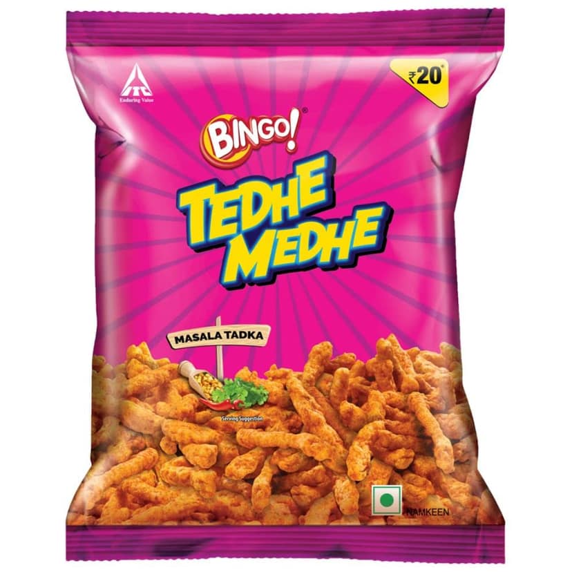 Bingo! Tedhe Medhe Masala Tadka, Spindle Shaped Crunchy Snack With Indian Masala Flavour Perfect For Snacking, 90G view 2