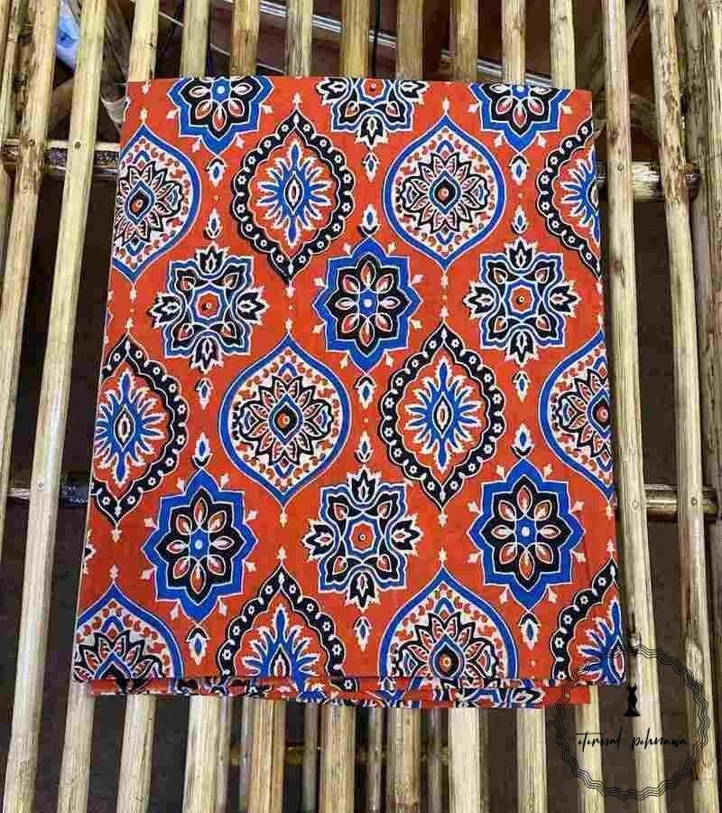Ajrakh Cotton Fabric For Kurta-Orange