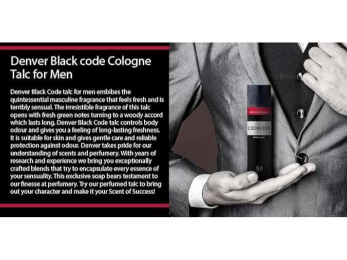 DENVER Black Code Cologne Body Talc - 100g Each (Pack of 2) Scented Talcum Powder view 3