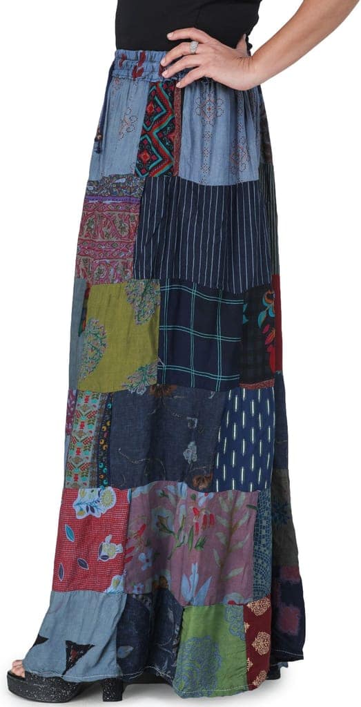 Denim-Blue Printed Long Boho Skirt from Gujarat with Patch Work view 2