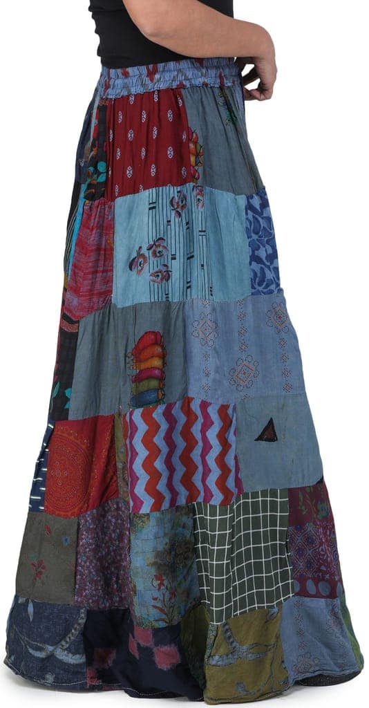 Denim-Blue Printed Long Boho Skirt from Gujarat with Patch Work view 3