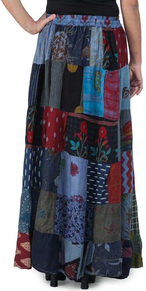Denim-Blue Printed Long Boho Skirt from Gujarat with Patch Work view 4