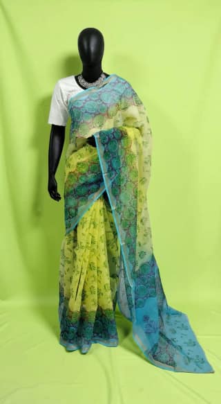 Handwoven Kota Doria Block-Print Saree in Green and Blue