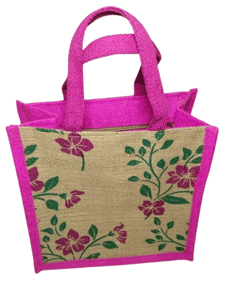Pink Jute Tote Bag with Floral Print view 2