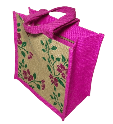 Pink Jute Tote Bag with Floral Print view 3