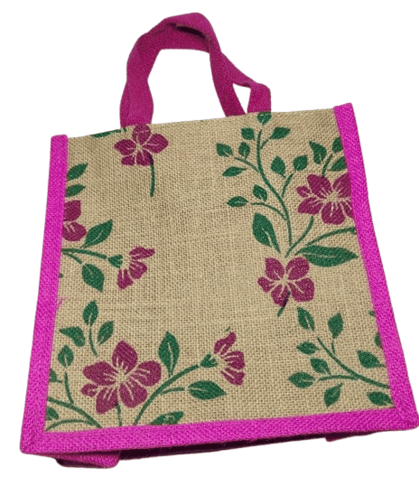 Pink Jute Tote Bag with Floral Print view 4