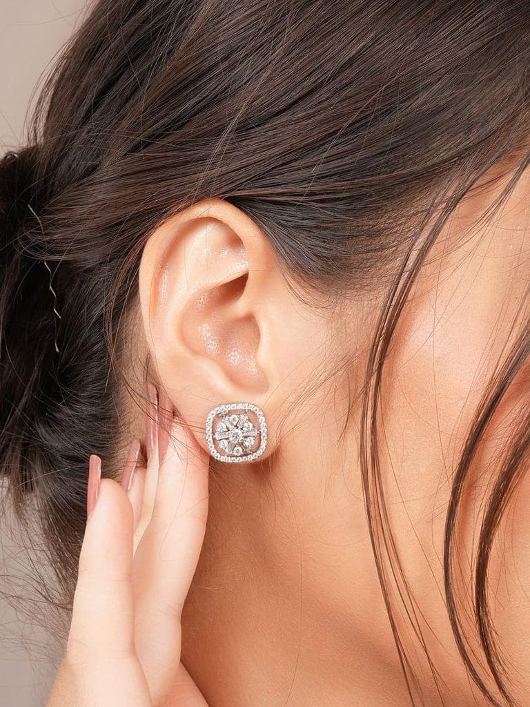 925 Sterling Silver Rhodium Plated Halo Square Studds Earrings view 2