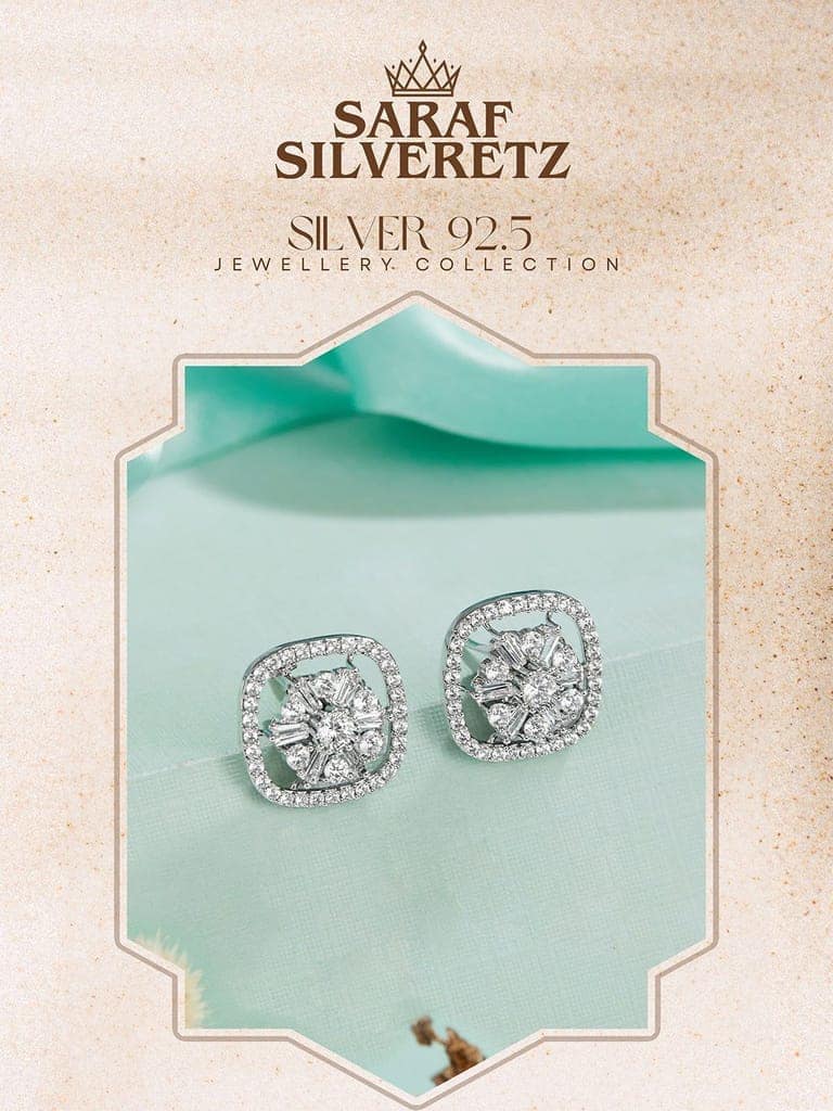 925 Sterling Silver Rhodium Plated Halo Square Studds Earrings view 3