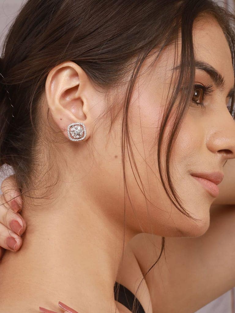 925 Sterling Silver Rhodium Plated Halo Square Studds Earrings view 7