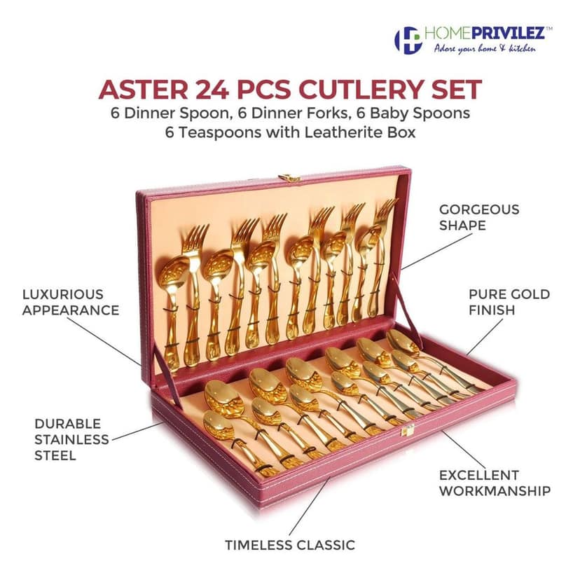 Aster (PVD gold) Stainless Steel Cutlery in Leatherite Box (24Pcs) view 2