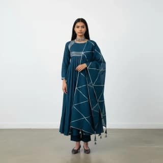 Navy Blue Handloom Cotton Co-Ord Set with Gota Detailing, 3-Piece