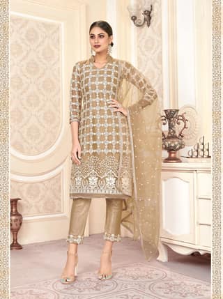 Chiku Women Net Heavy Embroidery Work Semi Stitch Dress Material.