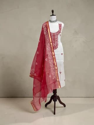 Kota Doria Maroon Red Cotton-Silk Dress Material with Hand Embroidery