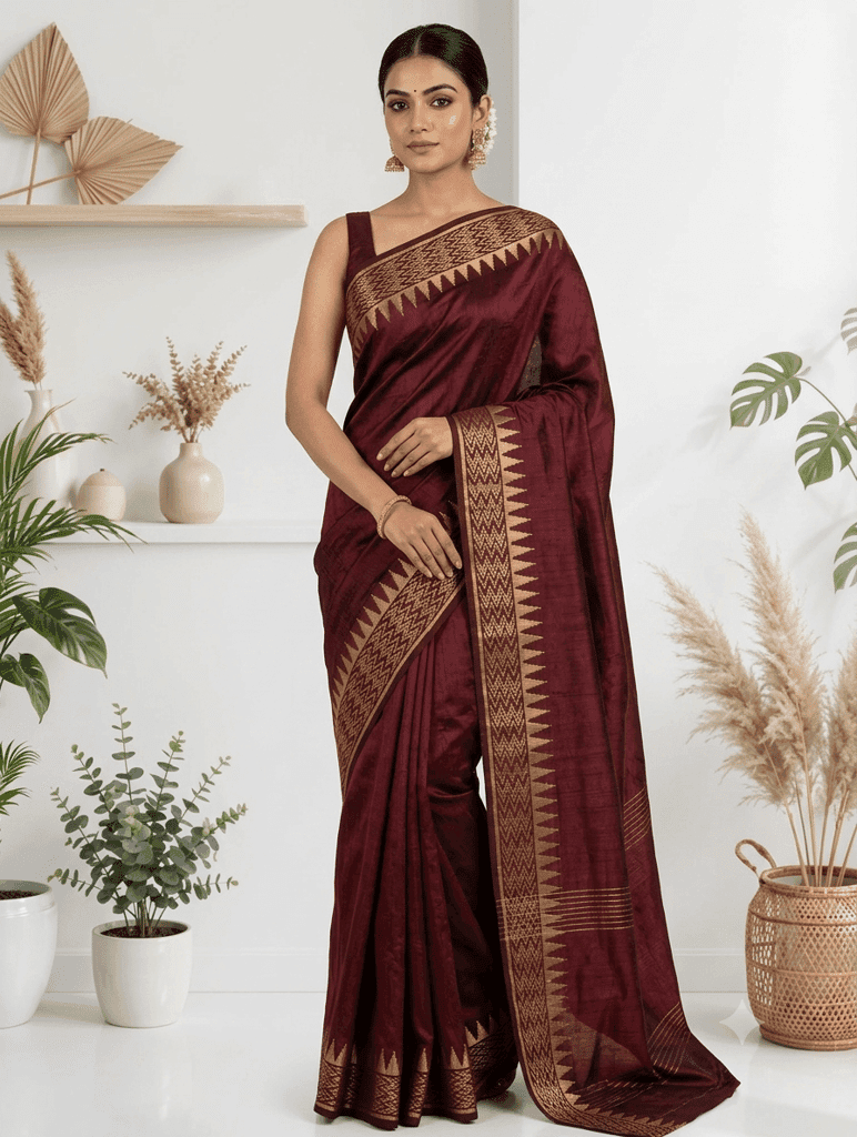 Kota Viscose Semi Raw Silk Saree with Golden Zari Mangalgiri Border view 2