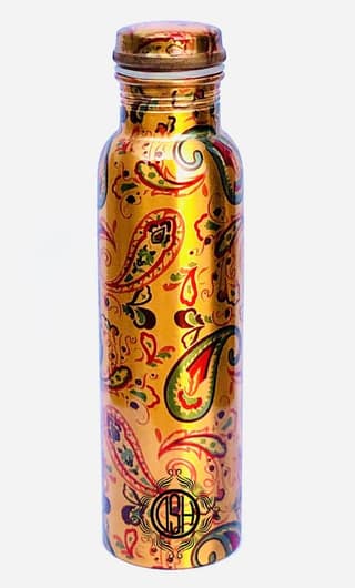 Copper Bottles for Printed Art Work, Travelling Purpose Bottles, Yoga Ayurveda Healing, 800 ML (Design P08)