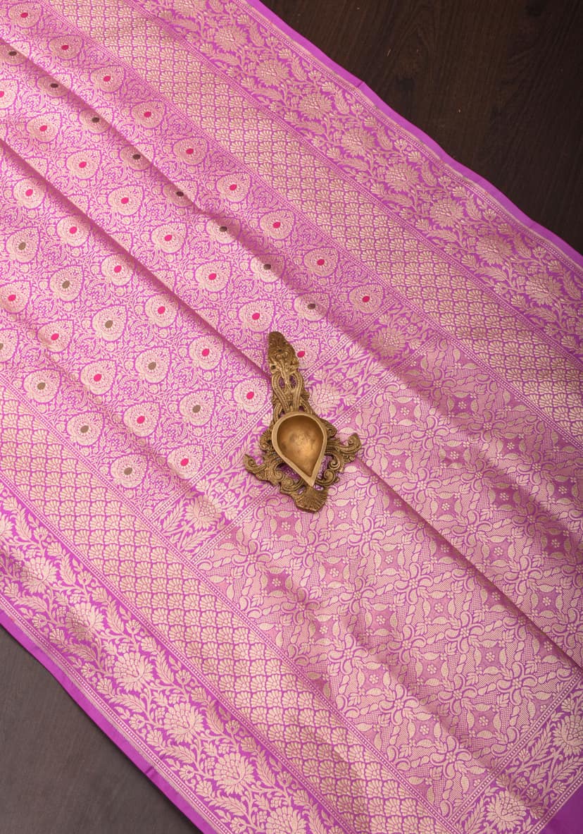 Lavender Exquisite and Intricate Banarasi Meenakari Brocade Katan Silk Saree| SILK MARK CERTIFIED view 9