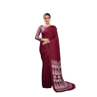 womens satin crepe printed saree with unstitched blouse 5mtr maroon pid64991