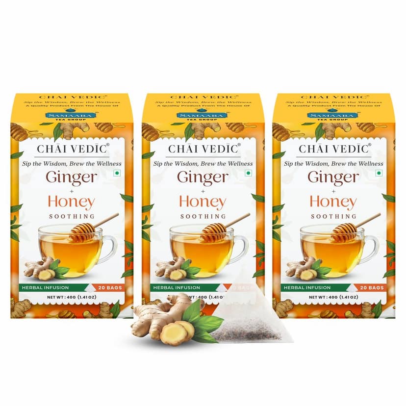 Chai Vedic Ginger Honey Herbal Infusion Tea, Soothing Blend with Lemongrass, Licorice and Fennel, Tea Bags