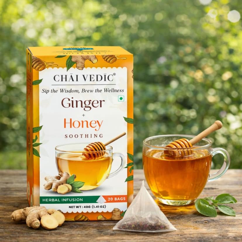 Chai Vedic Ginger Honey Herbal Infusion Tea, Soothing Blend with Lemongrass, Licorice and Fennel, Tea Bags view 5