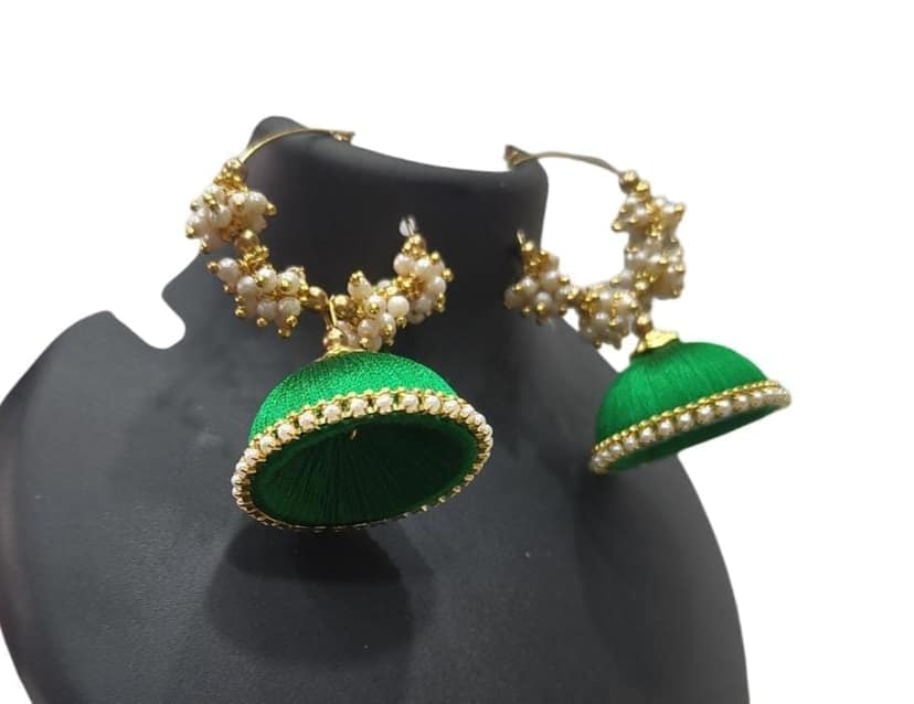 Green Silk Thread Jhumka Earrings with Pearl Beads view 2