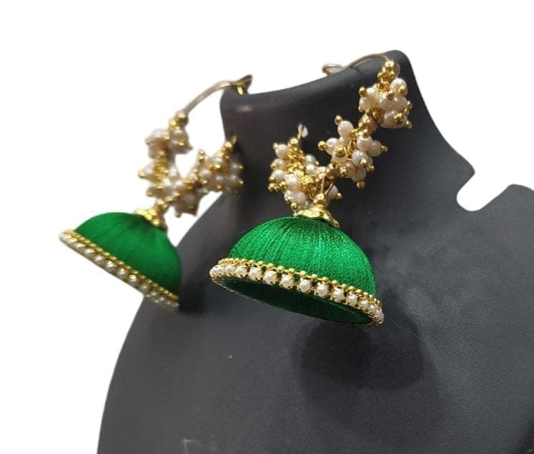 Green Silk Thread Jhumka Earrings with Pearl Beads view 3