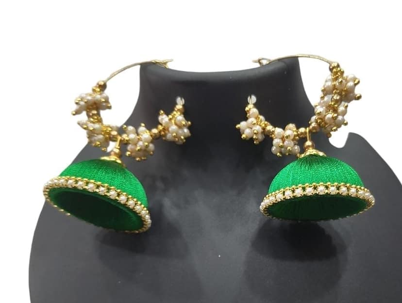 Green Silk Thread Jhumka Earrings with Pearl Beads view 4