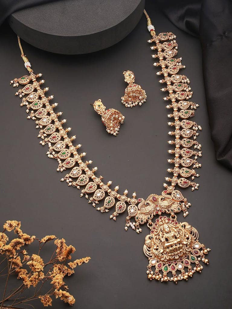 Gold Mango Pearl Drops Temple Lakshmi Devi Haram Necklace Jewellery Set view 2