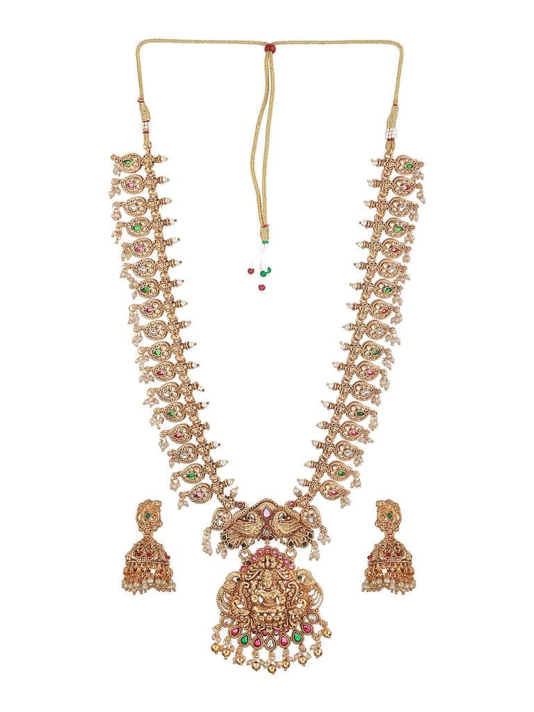 Gold Mango Pearl Drops Temple Lakshmi Devi Haram Necklace Jewellery Set view 5