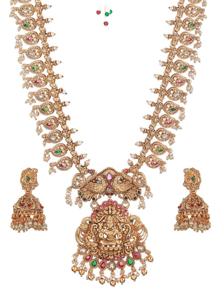 Gold Mango Pearl Drops Temple Lakshmi Devi Haram Necklace Jewellery Set view 6