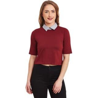 Miss Chase Women's Red Round Neck Half Sleeves Crop Tops Solid/Plain Top