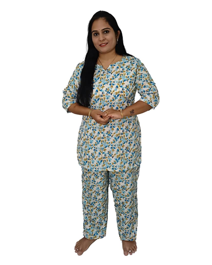 Mom and Me Women's Cotton Floral Print Co-Ord Set, 3/4 Sleeve Kurta with Pyjama, Ethnic Nightwear, Multicolour (Sky Blue, S)