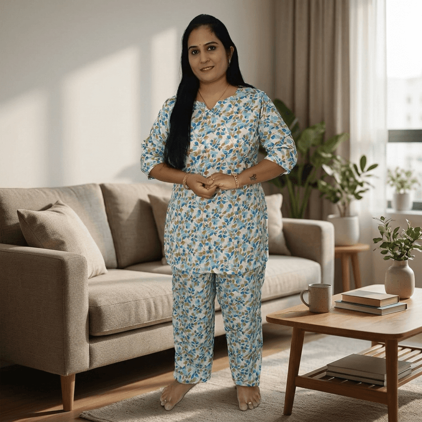 Mom and Me Women's Cotton Floral Print Co-Ord Set, 3/4 Sleeve Kurta with Pyjama, Ethnic Nightwear, Multicolour (Sky Blue, S) view 3